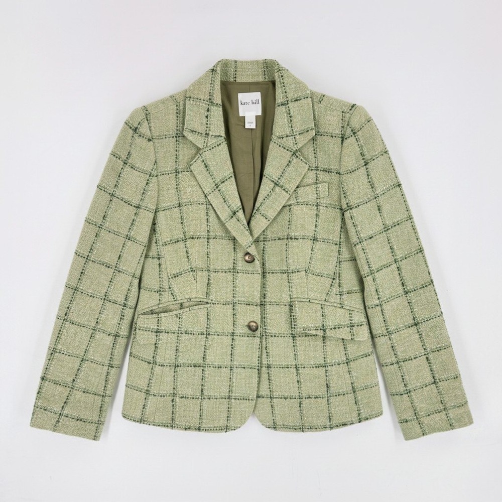 Kate Hill Windowpane Wool Blend Lined Blazer Jacket Green Tailored Size 10